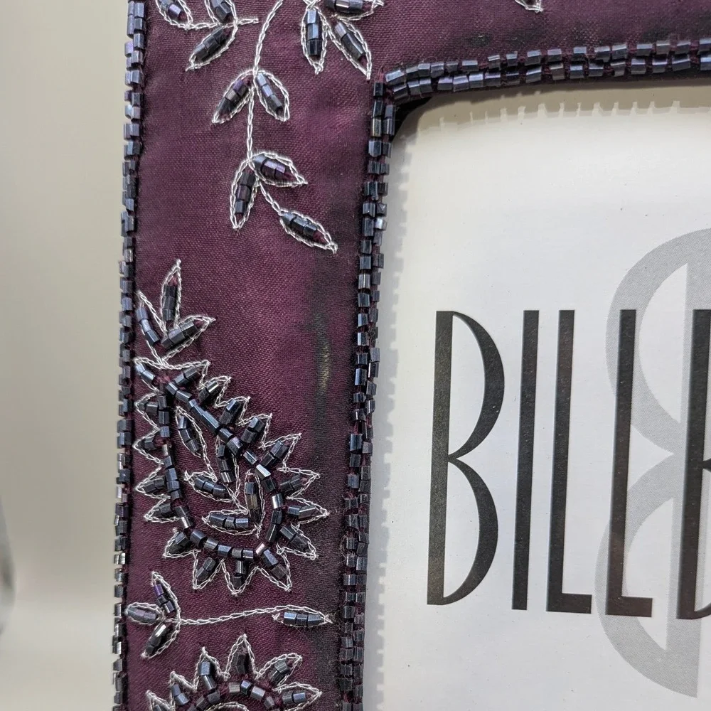 Vintage Bill Blass Purple Fabric Floral Paisley Beaded Frame Made in India 5x7